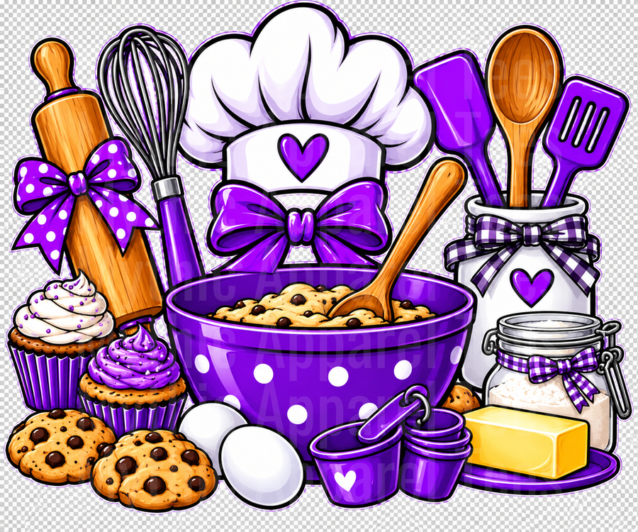 Baking Lover Purple Chef Hat with Polka Dot Mixing Bowl Cookies Cupcakes and Kitchen Utensils