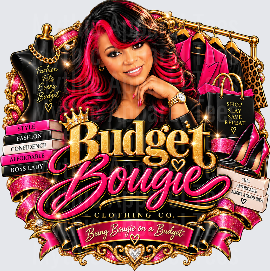Budget Bougie Clothing Co Being Bougie on a Budget Glamorous Fashion Woman with Black and Pink Hair Gold and Hot Pink Glitter Boss Lady Design