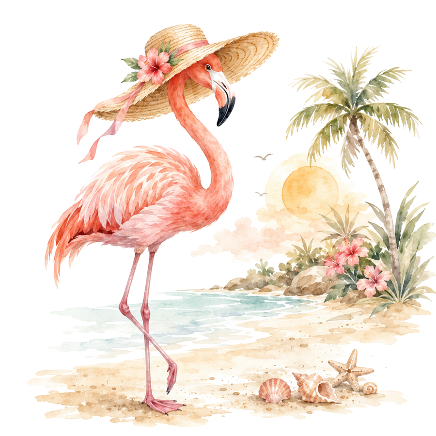 Flamingo in Straw Hat Watercolor Tropical Beach Scene