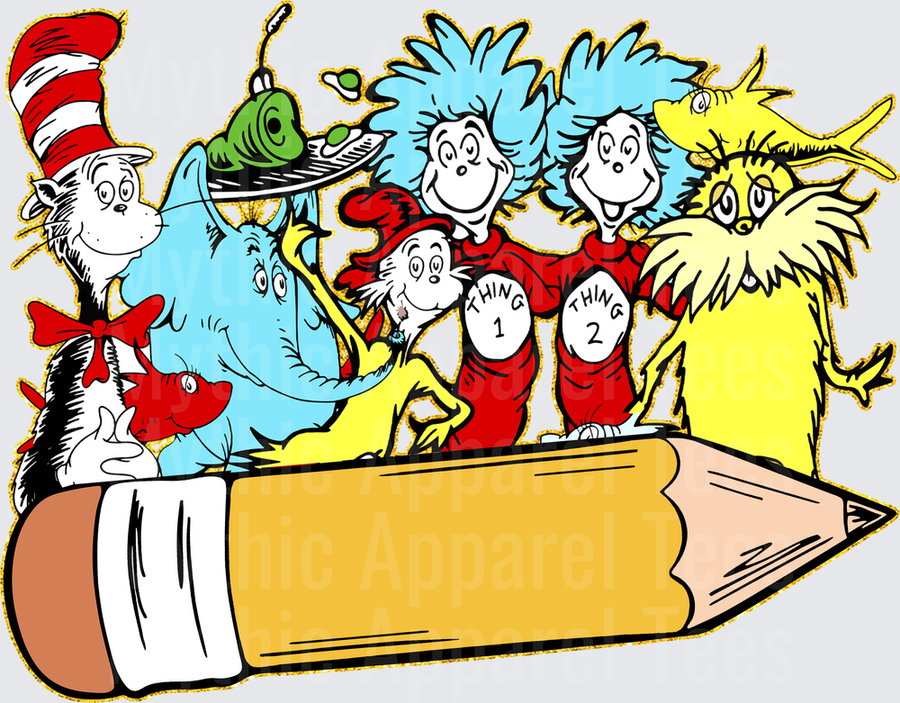 DR Seuss Characters Group Scene with Giant Pencil