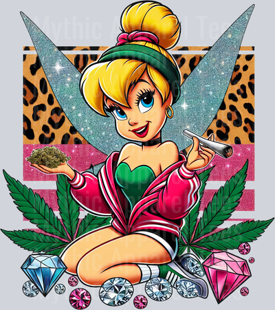 Tinkerbell 4 Weed Plant Cheeta Print Jewels Smoking Weed DTF Weed Transfers