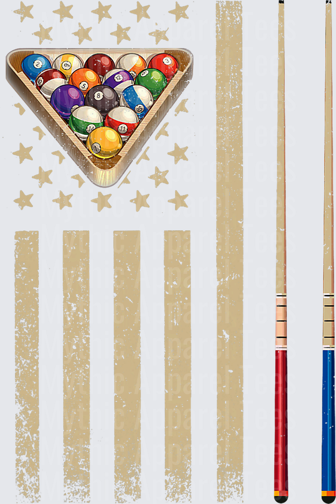 Vintage American Flag Billiards Pool Ball Rack and Cue Sticks Patriotic Design