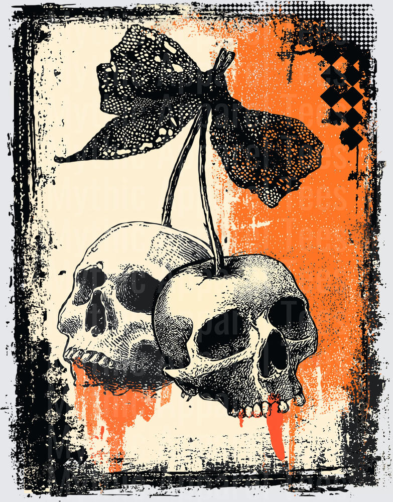 Distressed Halloween Double Skull Cherry Pair Hanging from Butterfly Stem with Blood Drip Orange Grunge Background