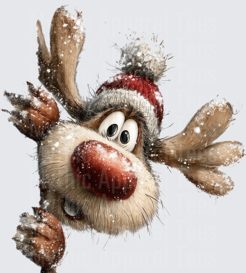 Funny Rudolph Red Nosed Reindeer Peeking With Snow Covered Antlers And Christmas Hat