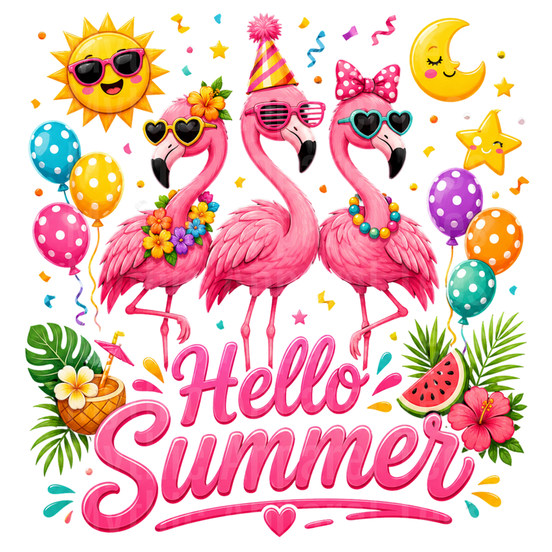 Flamingos Hello Summer Party Trio with Balloons and Confetti