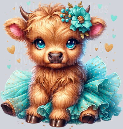Cute Highland Cow Baby Teal and Gold Hearts and flower DTF Precious Highland Cow Transfers