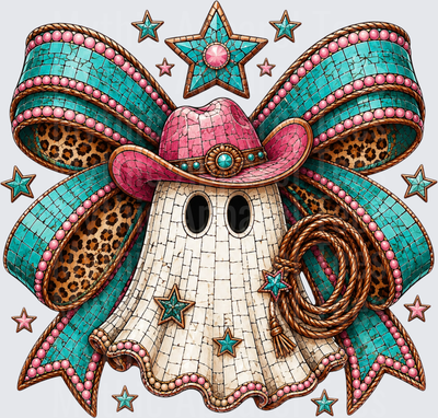 Halloween Mosaic Cowgirl Ghost with Pink Hat Turquoise Coquette Bow Leopard Print Lasso and Western Stars