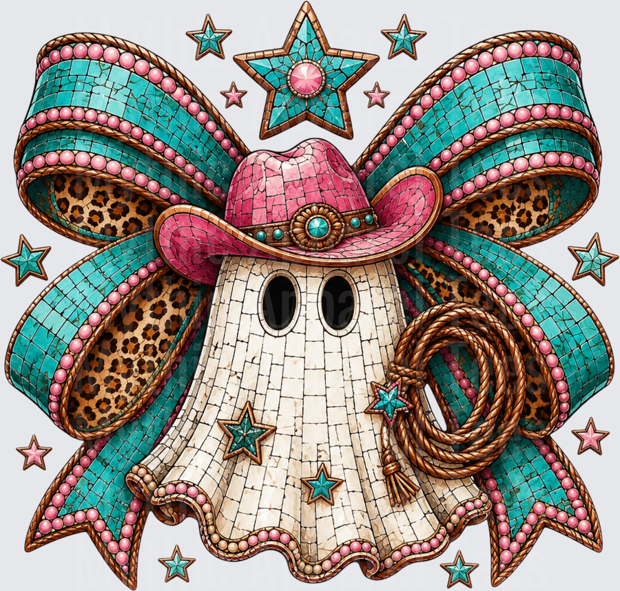 Halloween Mosaic Cowgirl Ghost with Pink Hat Turquoise Coquette Bow Leopard Print Lasso and Western Stars