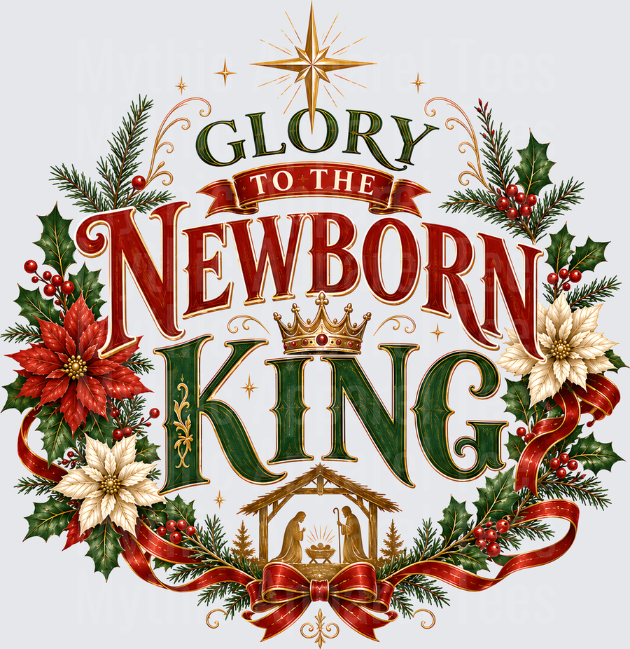 Glory To The Newborn King Christmas Nativity Scene with Poinsettias Holly and Star of Bethlehem
