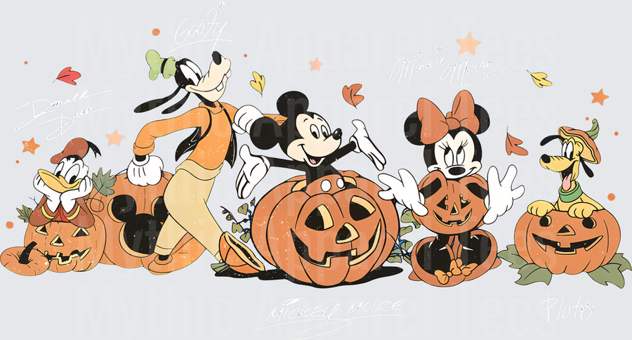Mickey Mouse Halloween Gang with Jack-O-Lanterns Fall Leaves Donald Duck Goofy Minnie Pluto Vintage Style