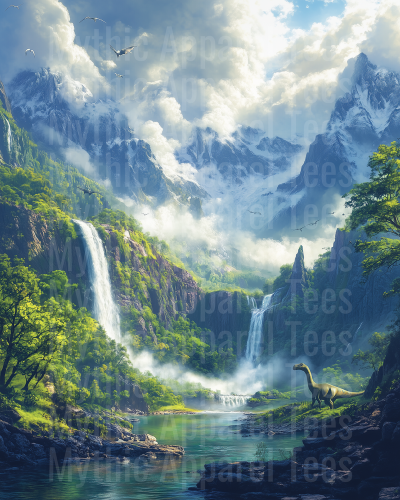 Prehistoric Brachiosaurus Valley with Twin Waterfalls Pterodactyls and Snow-Capped Mountains Jurassic Landscape