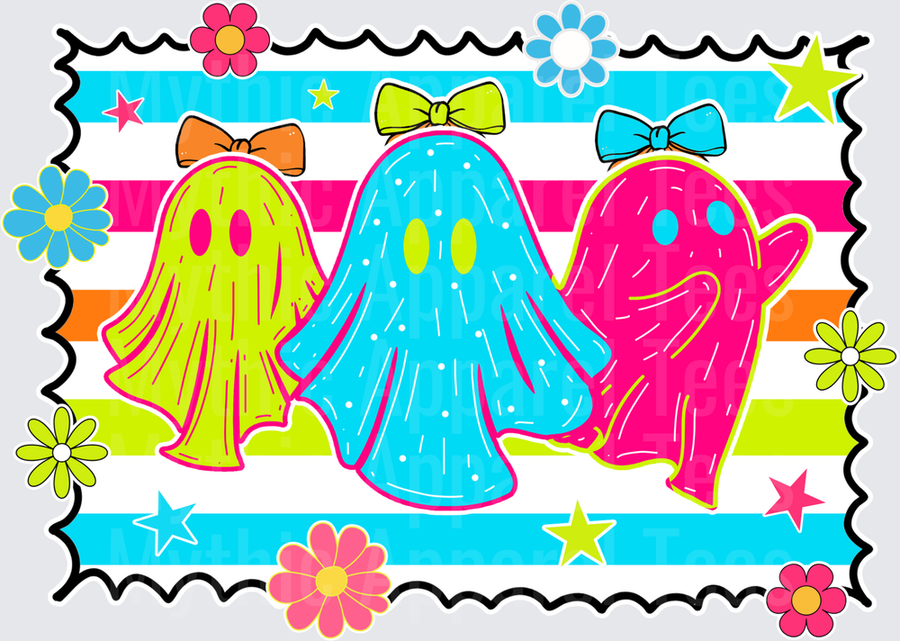 Halloween Bright Neon Girly Ghost Trio with Bows Retro Striped Floral Stamp Frame