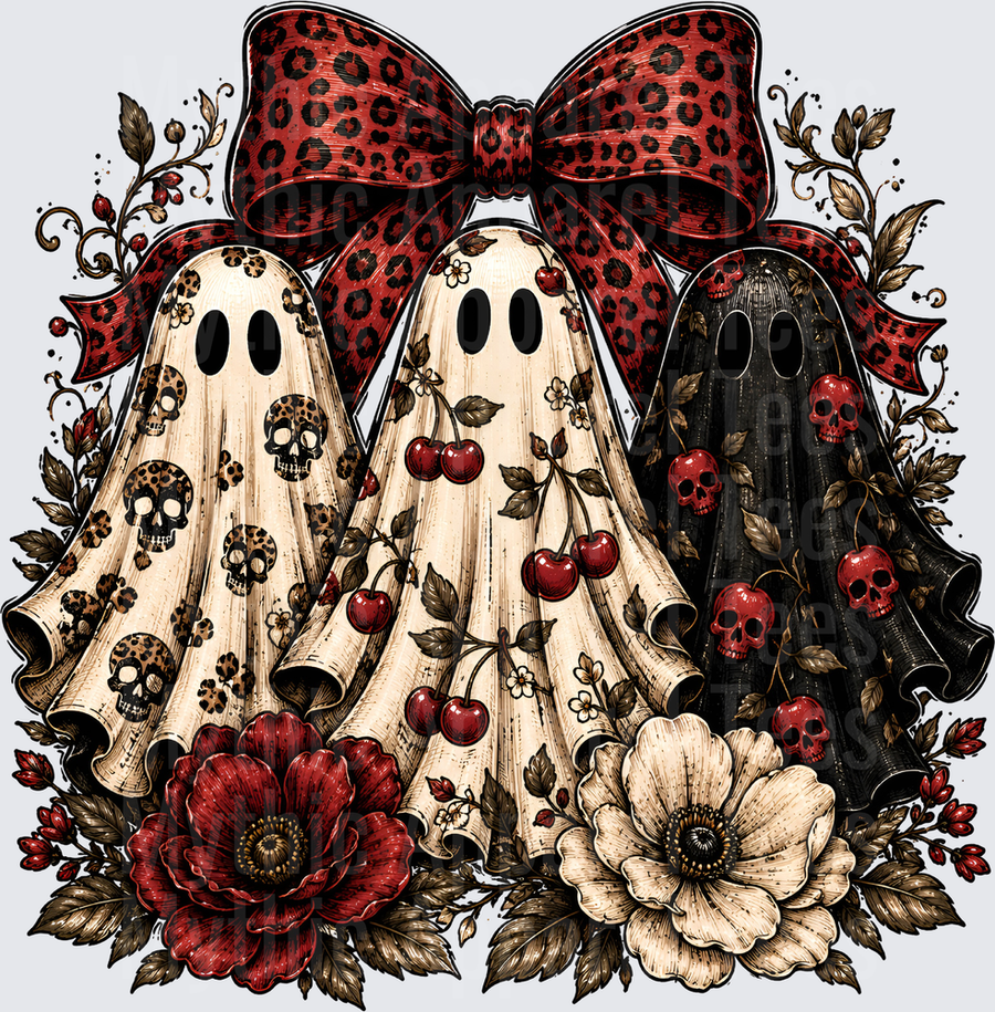 Halloween Trio Ghosts Leopard Cherry Skull Floral Bow