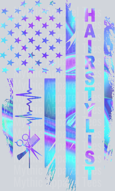 Hairdresser Iridescent American flag with heartbeat DTF Hair Stylist Transfers