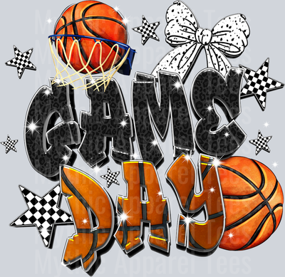 Gameday basketball glitter bow with black orange letters cute DTF Sports Transfers