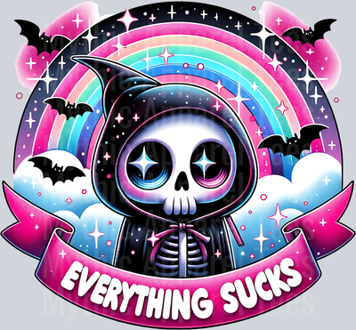 Everything sucks death with bats and cute rainbow DTF Skull Transfers