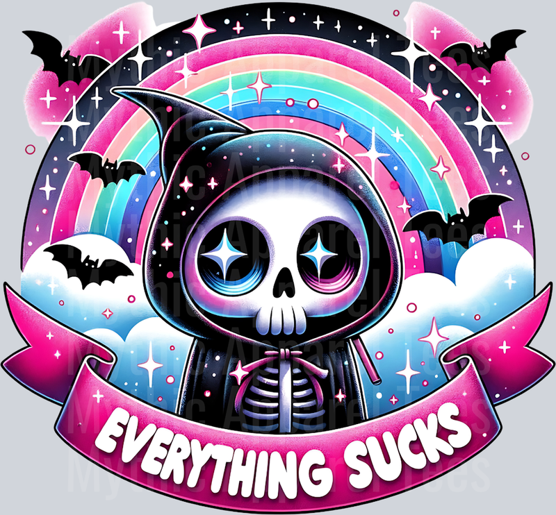 Everything sucks death with bats and cute rainbow DTF Skull Transfers