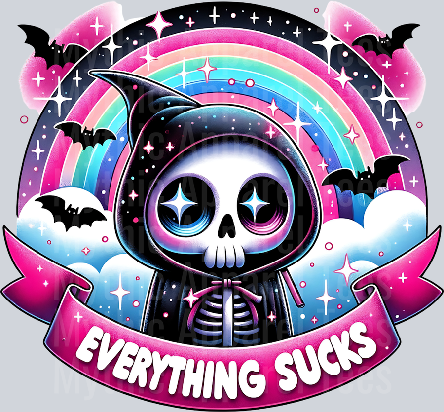 Everything sucks death with bats and cute rainbow DTF Skull Transfers