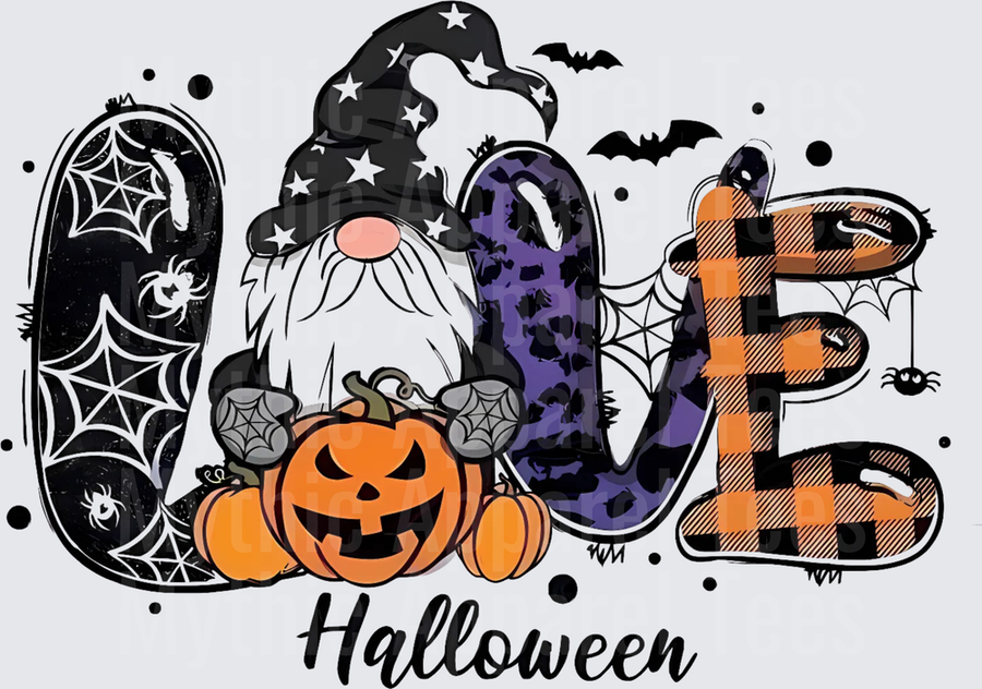 Love Halloween Gnome with Jack-O-Lantern Pumpkins Spiderwebs Bats Buffalo Plaid and Leopard Print Letters