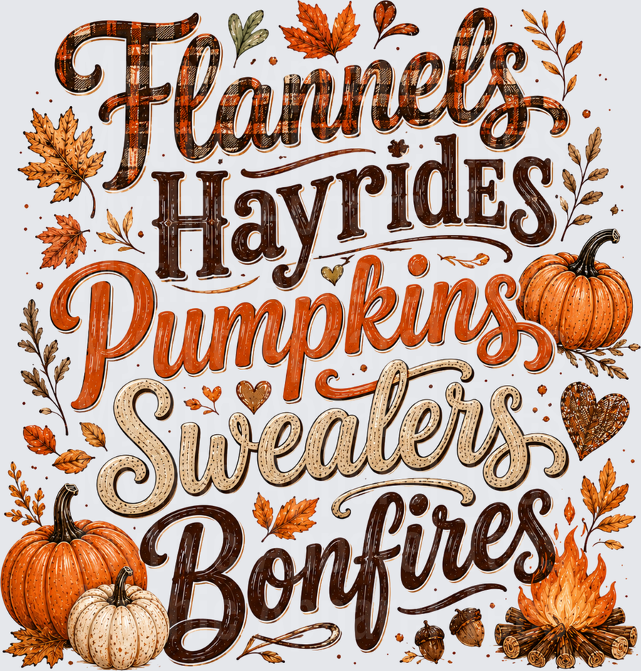 Flannels Hayrides Pumpkins Sweaters Bonfires Fall Typography with Autumn Leaves Pumpkins and Campfire