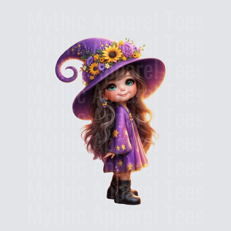 Cute Little Witch Girl Purple Floral Hat Sunflowers Gold Stars Dress Brown Wavy Hair Teal Eyes Black Boots
