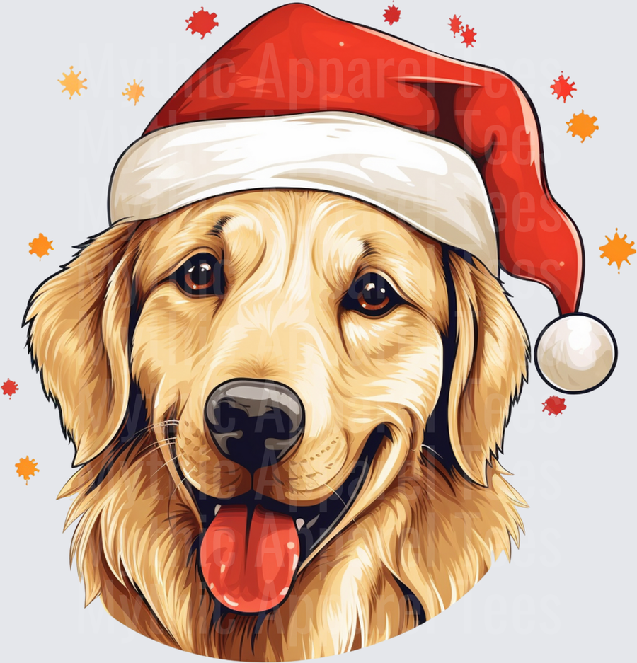 Happy Golden Retriever Wearing Santa Hat with Festive Holiday Splatter Accents