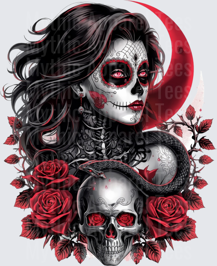 Halloween Sugar Skull Woman Snake Skull Red Roses Moon