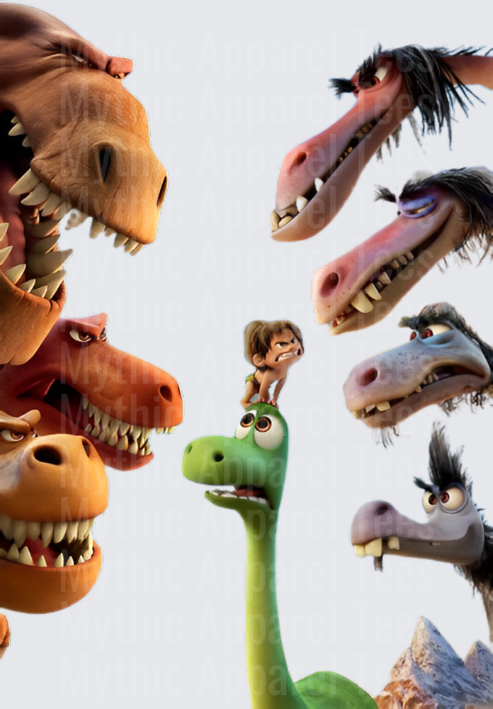 Arlo and Spot Surrounded by T-Rex and Pterodactyl Gang The Good Dinosaur Pixar Characters