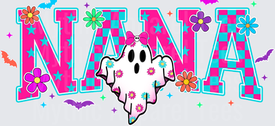Halloween Nana Retro Checkered Ghost with Floral Bow and Colorful Daisy Accents