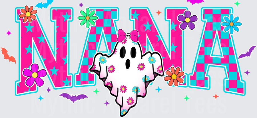 Halloween Nana Retro Checkered Ghost with Floral Bow and Colorful Daisy Accents