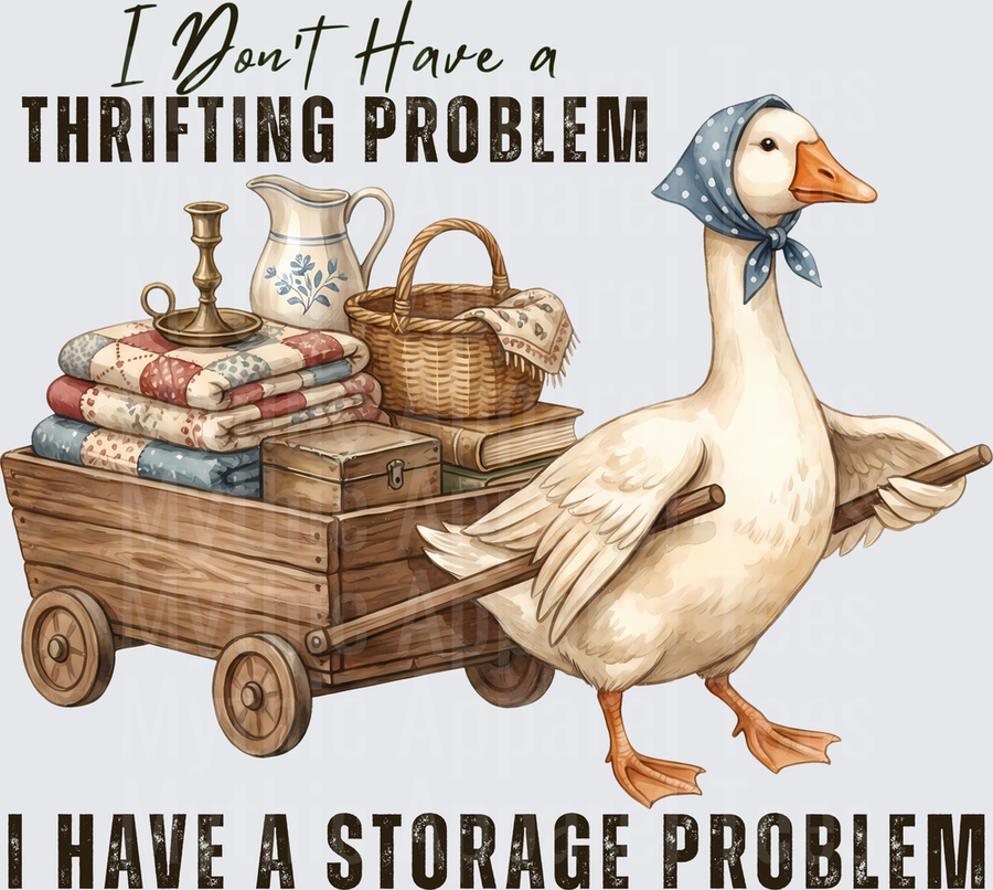Goose in Headscarf Pulling Cart with Vintage Items I Don't Have a Thrifting Problem I Have a Storage Problem