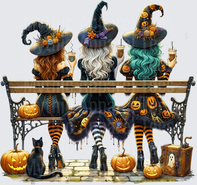 Three Witches Sitting on Bench with Coffee Iced Drinks Jack-O-Lanterns and Black Cat Halloween Friends