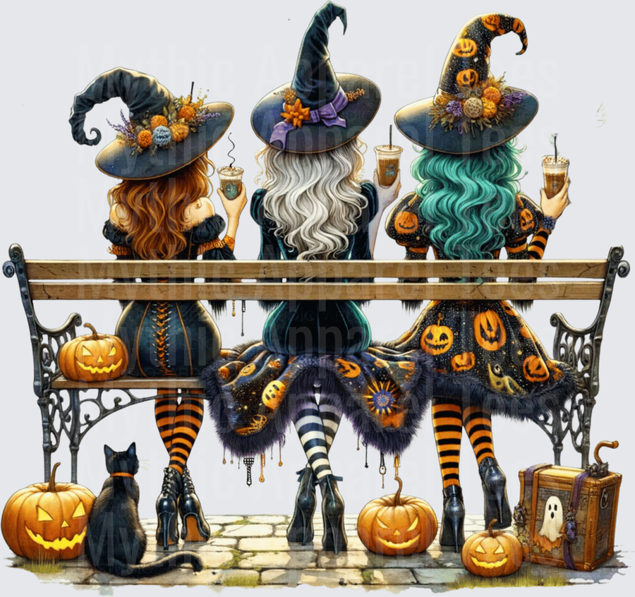 Three Witches Sitting on Bench with Coffee Iced Drinks Jack-O-Lanterns and Black Cat Halloween Friends
