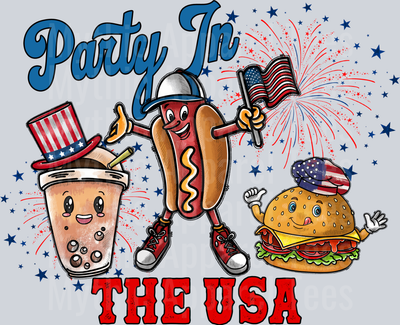 Party In The Usa Hot Dog and Burger 4th of July DTF Patriotic Transfers