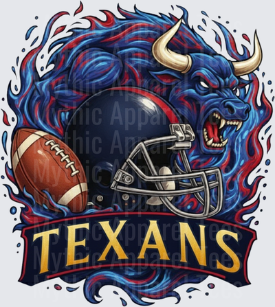 Texans Fierce Blue Bull Mascot with Football Helmet and Ball Red Blue Flames Banner