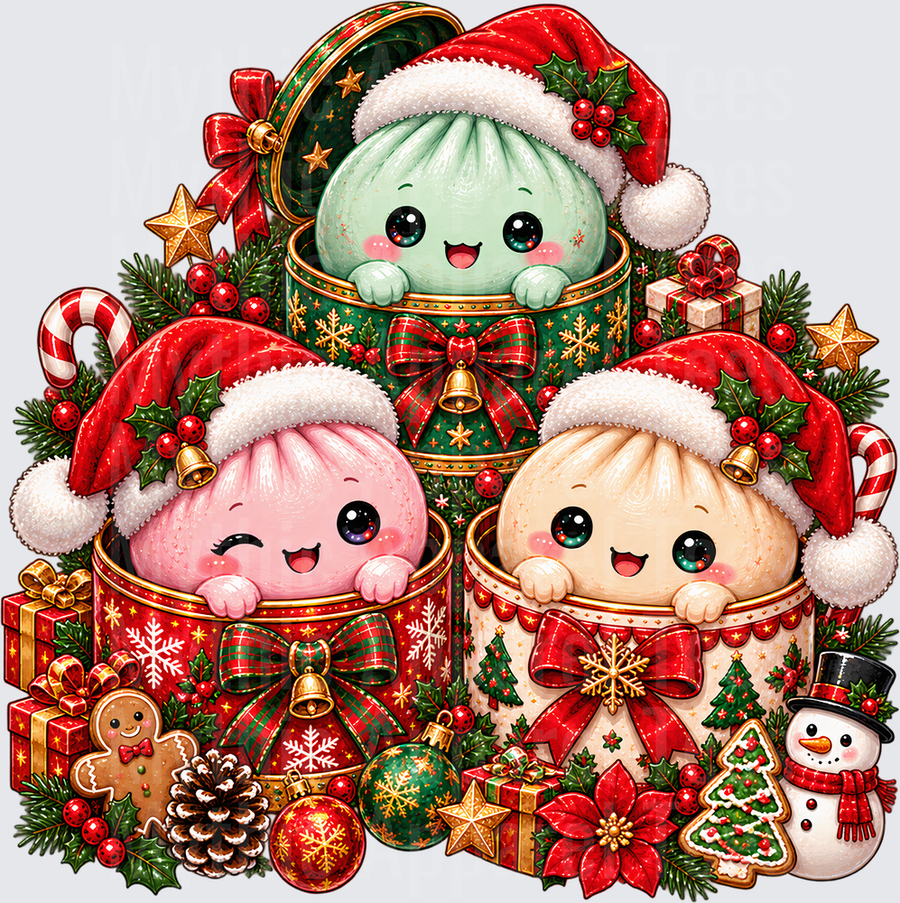 Cute Kawaii Christmas Dumpling Trio in Festive Gift Boxes with Santa Hats Holly Ornaments and Holiday Cookies