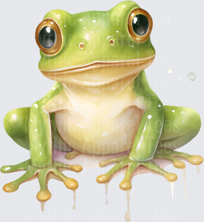Cute Green Tree Frog Watercolor with Dripping Paint Effect and Big Brown Eyes