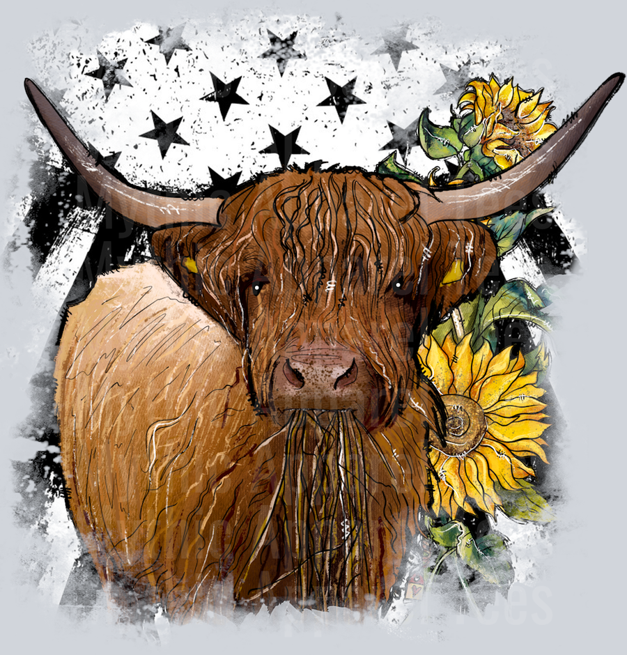 American Flag Highland Cow Patriotic Sunflowers