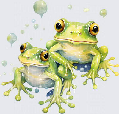 Watercolor Tree Frogs Duo with Floating Bubbles