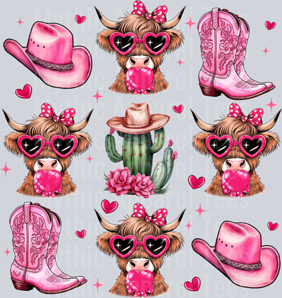 Cowgirl Valentines Highland Cow with Cowgirl Boots DTF Valentines Day Transfers