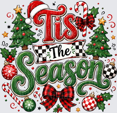 Tis The Season Buffalo Plaid Christmas Trees Ornaments Candy Cane Santa Hat Holiday Design