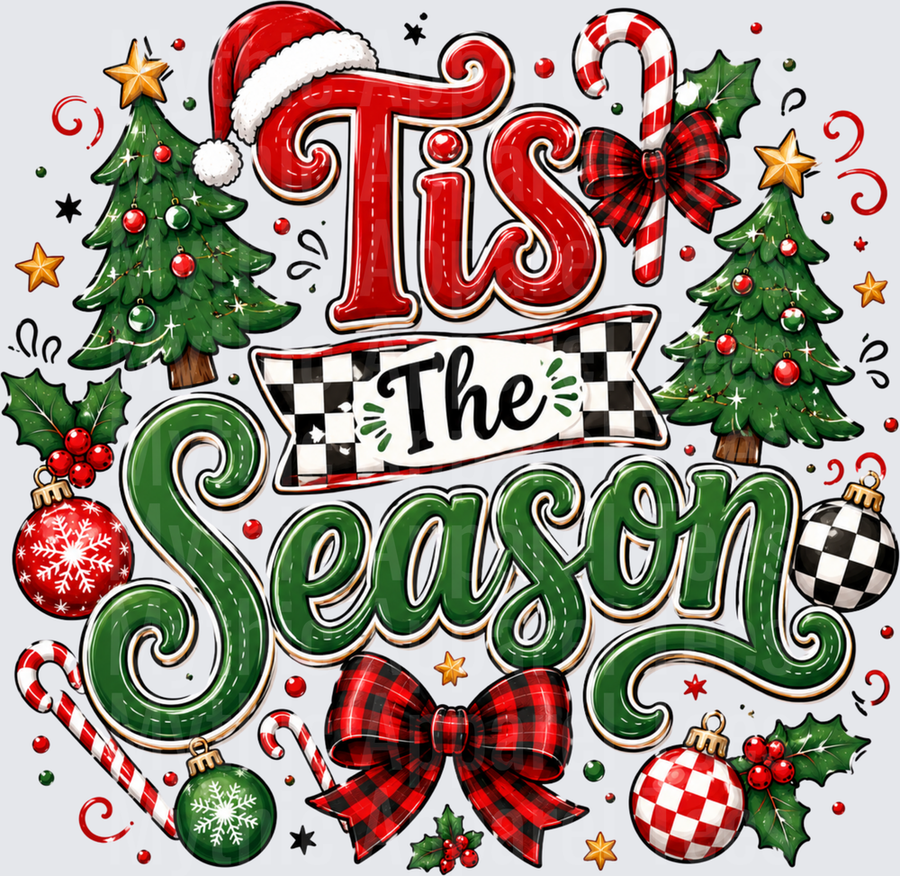 Tis The Season Buffalo Plaid Christmas Trees Ornaments Candy Cane Santa Hat Holiday Design
