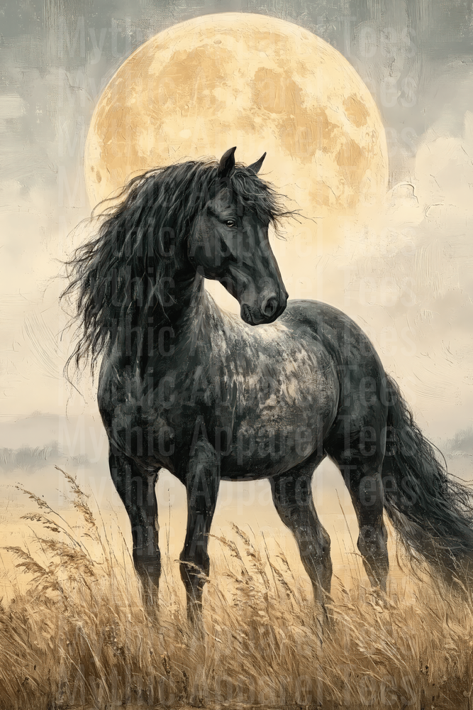 Majestic Black Friesian Horse Standing in Golden Wheat Field Beneath Full Moon Oil Painting Style