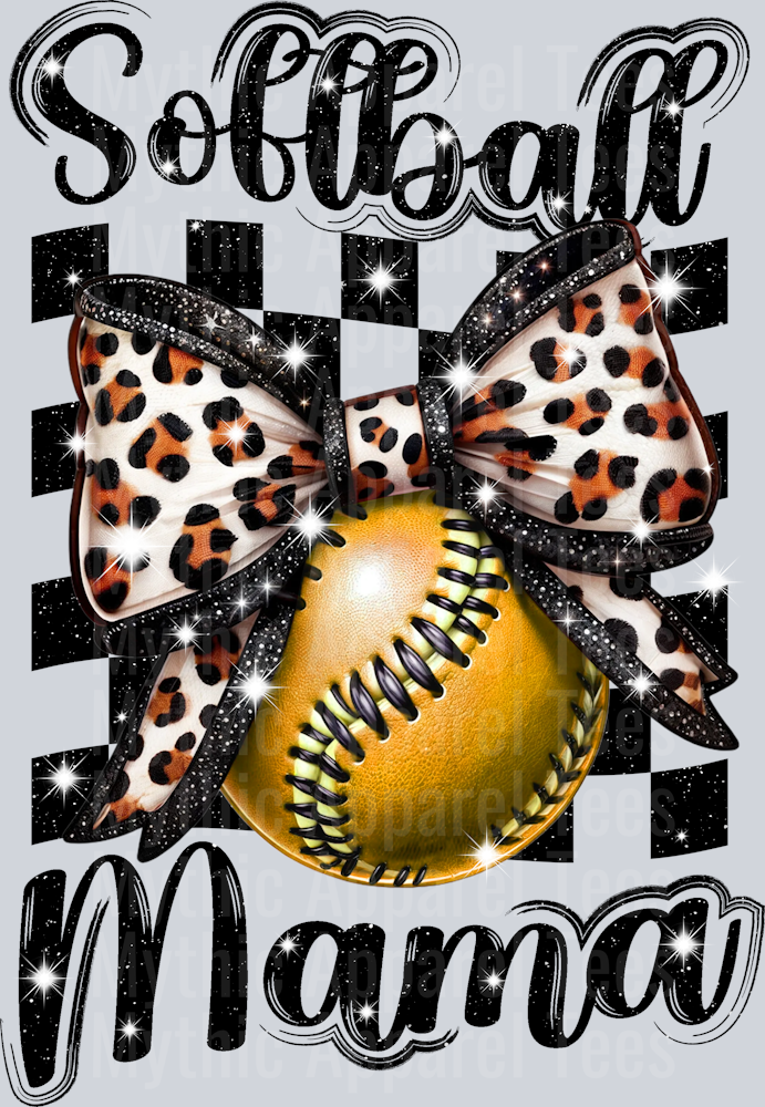 Softball mama with realistic ball and checker pattern black words cute DTF Sports Transfers