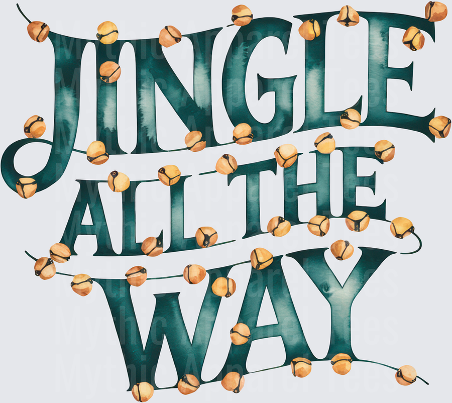 Jingle All The Way Teal Lettering with Gold Jingle Bell Garland Christmas Design