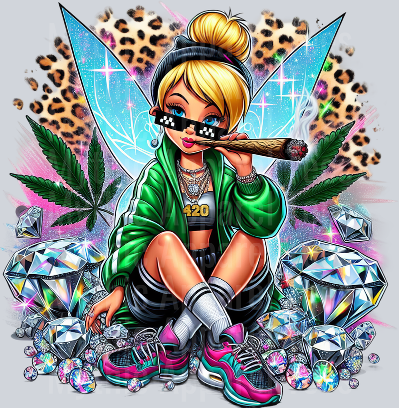 Tinkerbell Cheeta Print Jewels Smoking Weed DTF Weed Transfers