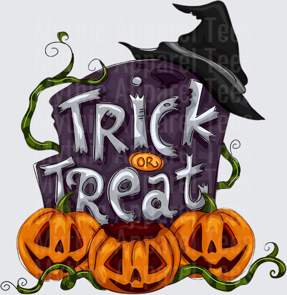 Trick or Treat Tombstone with Jack-o-Lanterns and Witch Hat Halloween Design