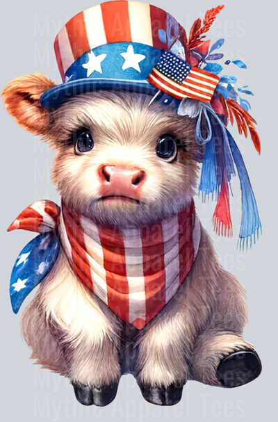 Watercolor Patriotic Highland Cow 4 DTF Patriotic Highland Cow Transfers