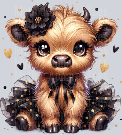 Cute Highland Cow Baby Black and gold tutu flower and hearts DTF Precious Highland Cow Transfers