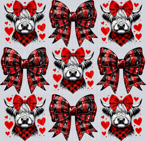 Cows And Bows Highland Cow Red Black Plaid Bow Style Combo Valentines Day Design